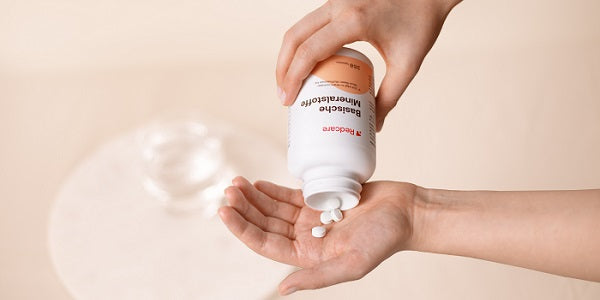 Basische Mineralstoffe Tablette aus der Dose in eine Hand geschüttet