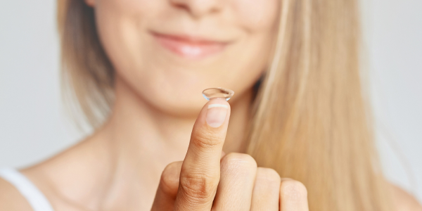 Lächelnde FRau hält Kontaktlinse auf dem Finger