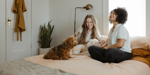 glückliche Frauen auf Bett mit Hund