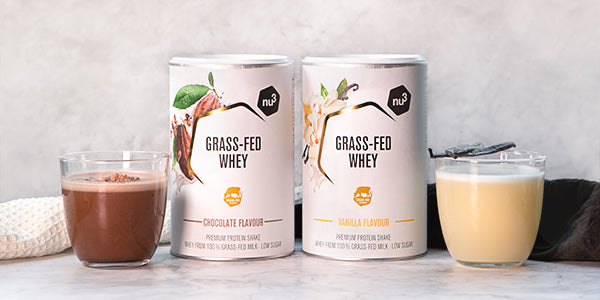 nu3 Grass-Fed Whey Schoko und Vanille plus fertige Shakes im Glas