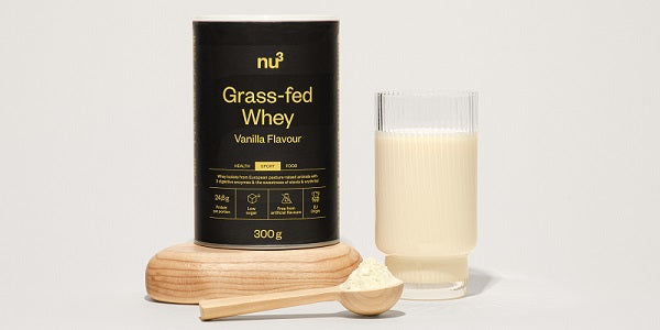 nu3 Grass-fed Whey Vanille plus Glas mit Shake