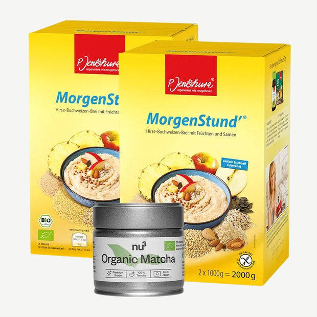 2 x P. Jentschura Morgenstund Hirse-Buchweizen-Brei + nu3 Bio Matcha Tee