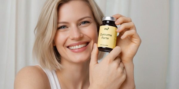 Blonde lächelnde Frau hält eine Dose nu3 Curcuma Forte in den Händen neben ihr Gesicht