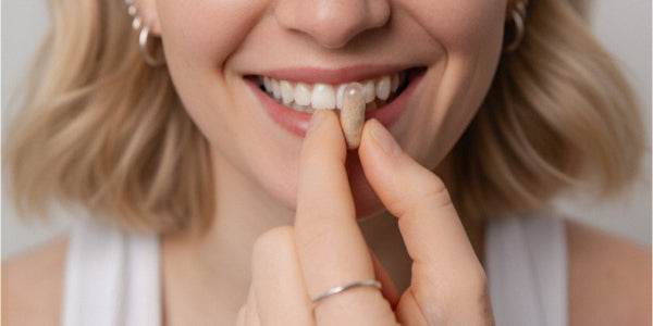 Nahaufnahme Gesicht einer blonden jungen Frau, die lächelt und eine Kapseln zwischen Daumen und Zeigefinger hält